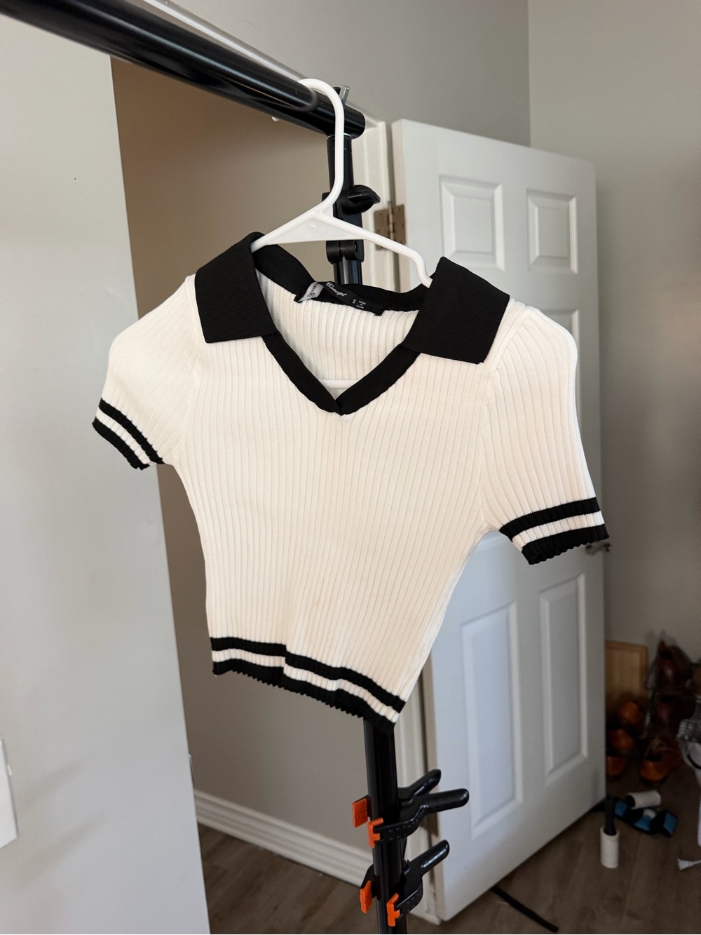 Ribbed Collared Crop Top in White with Black Trim